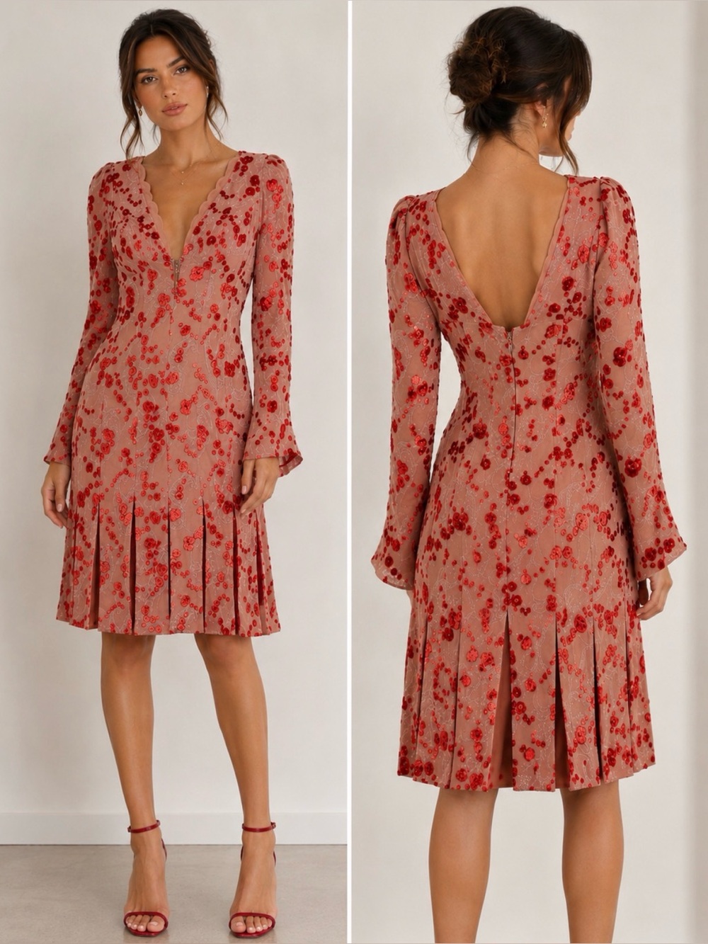 Vintage Baracci l/s Dress with Red Swarovski Crystals & Crushed Velvet detail